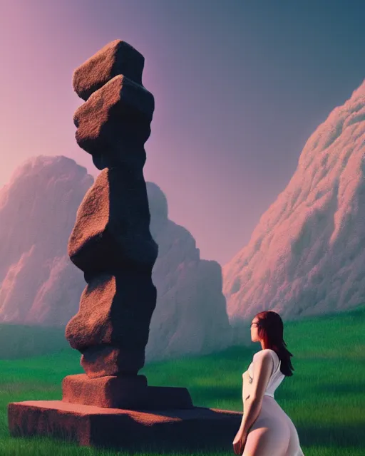 Image similar to a painting of a real woman standing in front of a huge stone statue, a screenshot by stanley twardowicz, cgsociety, aestheticism, aesthetic, vaporwave, anime aesthetic