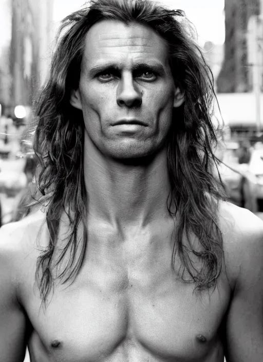 Image similar to portrait of tarzan walk on the street of new york, by charlotte grimm, natural light, detailed face, beautiful features, symmetrical, canon eos c 3 0 0, ƒ 1. 8, 3 5 mm, 8 k, medium - format print, half body shot