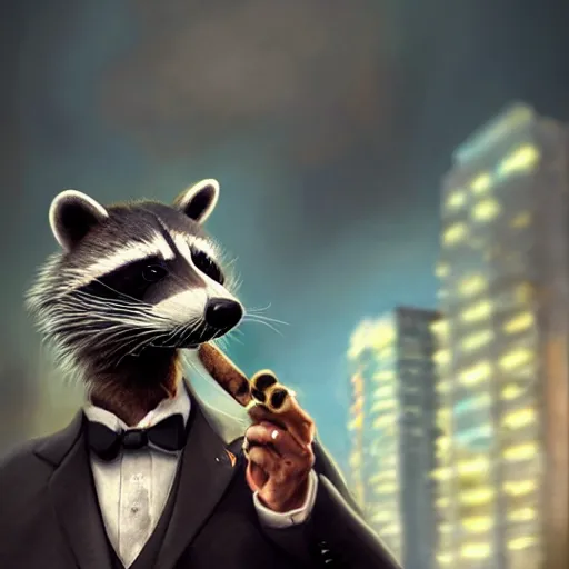 Image similar to a racoon wearing a suit smoking a cigar on his mouth, dramatic lighting, cinematic, establishing shot, extremly high detail, photorealistic, cinematic lighting, artstation, style by James Gurney