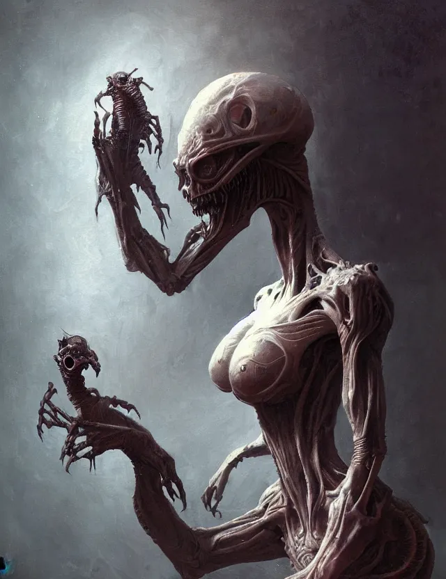 Image similar to ultra realist muted colors horror painting of a dimly lit attractive alien female and hellish creature together, very intricate details, focus, curvy figure, model pose, full frame image, artstyle hiraku tanaka and craig mullins, award winning