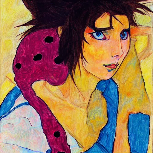 Image similar to colorful anime girl painted in the style of egon schiele