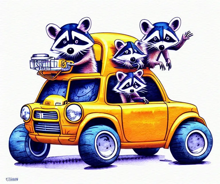 Image similar to cute and funny, racoon wearing a helmet riding in a tiny 4 wheeler with oversized engine, ratfink style by ed roth, centered award winning watercolor pen illustration, isometric illustration by chihiro iwasaki, edited by range murata, tiny details by artgerm, symmetrically centered