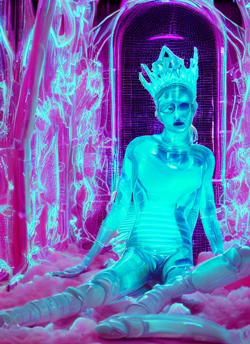 Image similar to photo of fullbodied baroque and bladerunner delicate neon diamond sculpture of seductive ceramic albino marble prince brian whittaker dotado mint iridescent humanoid deity wearing pink plastic fluffy hoody holding diamond skull in a white alien dungeon, reclining, glowing magenta face, crown of white diamonds, cinematic lighting, photorealistic, octane render 8 k depth of field 3 d