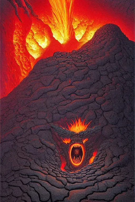 Prompt: classic oil painting, a magma monster is crawling out of a volcano, as a dnd character, in a cratered basalt valley, cottagecore, highly detailed, digital illustration, concept art, smooth, sharp focus, art by tim hildebrandt, and greg hildebrandt