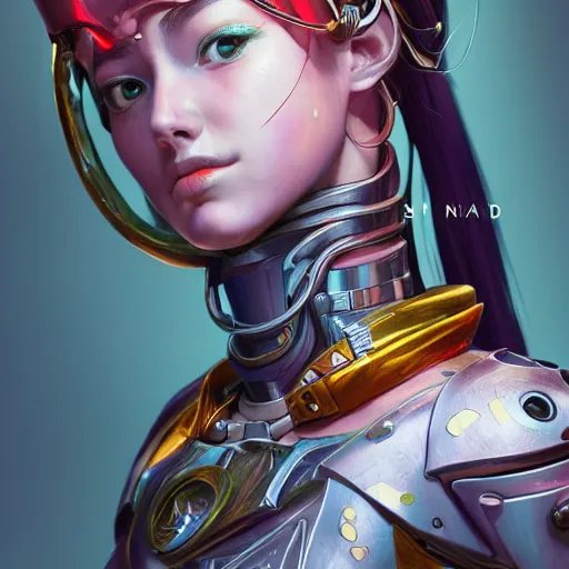 Image similar to studio portrait of lawful good colorful female holy mecha paladin absurdly beautiful, elegant, young sensual graceful woman, ultrafine hyperrealistic detailed face illustration by kim jung gi, irakli nadar, intricate linework, sharp focus, bright colors, matte, octopath traveler, final fantasy, unreal engine highly rendered, global illumination, radiant light, intricate environment