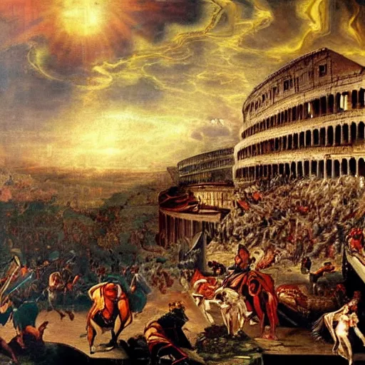 Image similar to fall of rome, epic painting