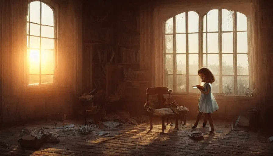 Prompt: young girl reading a book on an old chair in a dusty attic, old library covered by cobwebs, dusty dirty floor, sunset light through round old dusty windows, hyperdetailed, artstation, cgsociety, god rays, 8 k