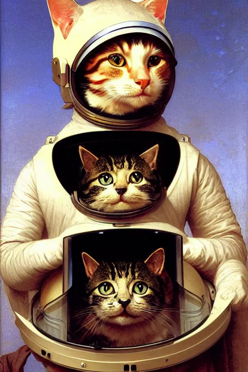 Image similar to portrait of a cat astronaut with armor and helmet, by bouguereau