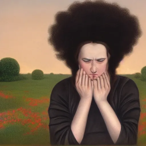 Prompt: a detailed portrait painting of a goth girl with big hair, she is crying, in the style of Raffael and Grant Wood, 4k,