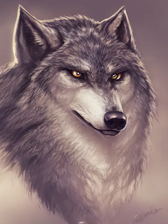 Image similar to 3/4 headshot of cute anthro wolf man, D&D, handsome, fantasy, intricate, long muzzle, wolf ears, fursona, black fur, elegant, highly detailed, digital painting, artstation, concept art, smooth, sharp focus, illustration, art by artgerm and greg rutkowski and alphonse mucha