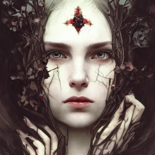Image similar to portrait of very beautiful vampire, rose thorn crown, thorns everywhere, headshot, pale skin, 4k, rule of thirds, extreme detail, detailed drawing, trending artstation, hd, fantasy, D&D, realistic lighting, by Alphonse Mucha, Greg Rutkowski, sharp focus, backlit, dark black hair, elegant