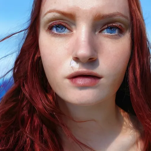 Image similar to close up portrait photograph of a thin young redhead woman with russian descent, sunbathed skin, with deep blue eyes. Wavy long maroon colored hair. she looks directly at the camera. Slightly open mouth, with a park visible in the background. 55mm nikon. Intricate. Very detailed 8k texture. Sharp. Cinematic post-processing. Award winning portrait photography. Sharp eyes.