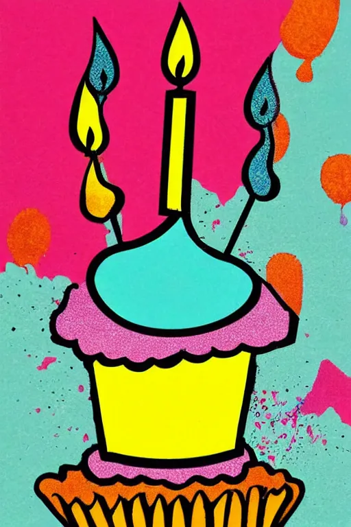Prompt: a cupcake with a lit birthday candle, pop art, high quality