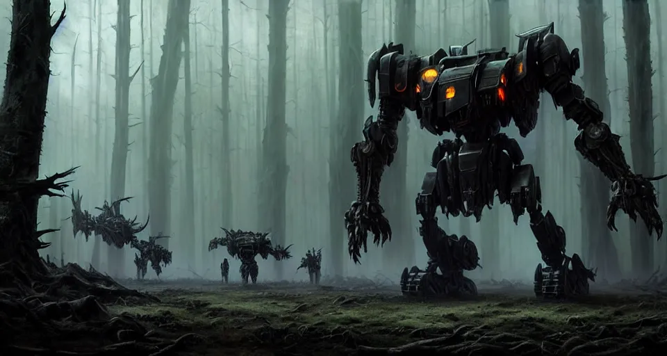 Prompt: giant darkgothic battlemech walking through a grimdark forest, the feeling of dark fantasy magic, hyper realistic sci - fi matte concept art painting, beautiful details, strong composition painted by kim jung guweta studio rutkowski, james gurney and greg rutkowski, and lucasfilm, smooth, intricate, detailed, sharp focus, cinematic
