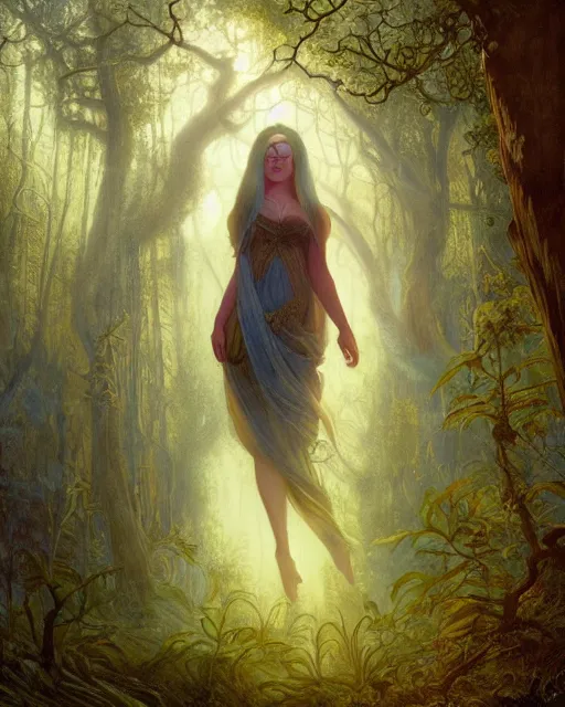 Prompt: pale woman with blue hair standing in a forest with iridescent tree bark, myst, dawn, dramatic lighting, gerald brom, nekro borja, rembrandt, alphonse mucha,