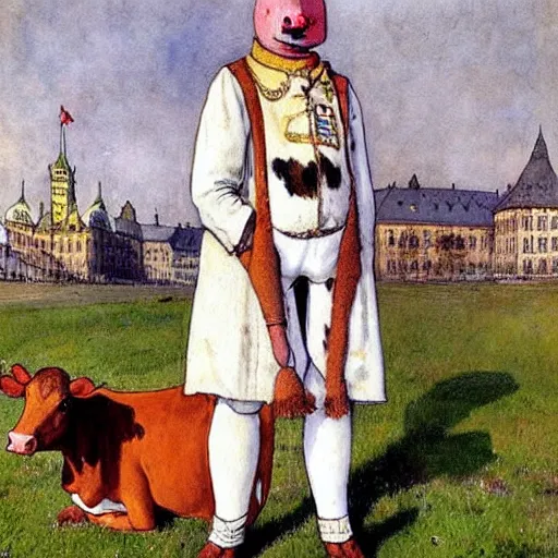 Image similar to painting by carl larsson, cow, dressed, anthropomorphic!!, wearing!!! clothes!!!, standing next to royal castle!!!