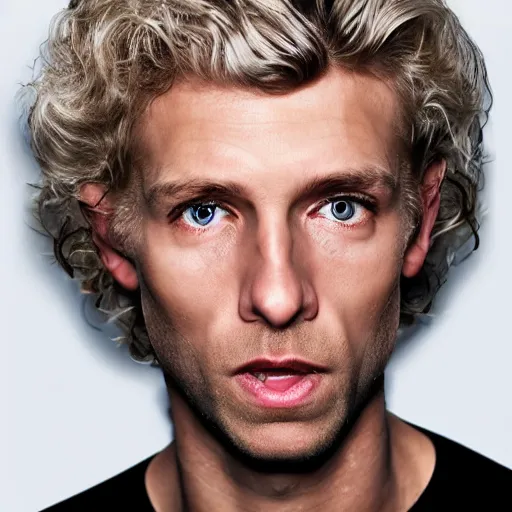 Image similar to full face color photograph of a 40 year old very handsome skinny white man with short, curly, light blond hair and very small slanted blue eyes, dressed in a white t shirt, gray shorts and black socks, with a small mole to the right of his very thin lips, with a straight nose and blond stubble on his round face, and an earring in the left ear. His small eyes, blond hair and manly features make him look like a lion.