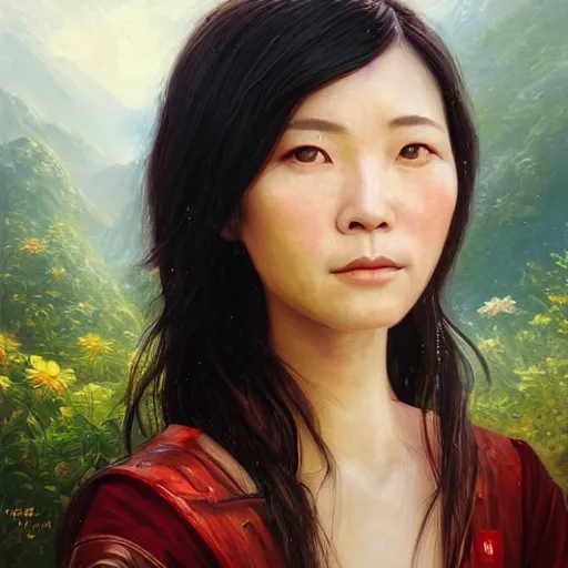 Prompt: portrait of an amis woman ( 3 5 ) from taiwan in 2 0 2 1, an oil painting by ross tran and thomas kincade