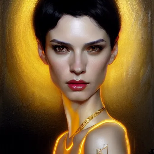 Image similar to Portrait of a beautiful pale skin Eastern European female with short black hair, dark eyes, elegant clothing, photorealistic, highly detailed, artstation, smooth, sharp focus, gold ornaments, neon lighting, sci-fi, art by Klimt, artgerm, Greg Rutkowski and Alphonse Mucha