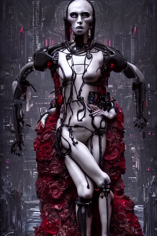 Image similar to full-body cyberpunk style sculpture of a young beautiful dark priestess, half android with a head opening exposing circuitry, glowing red eyes, black roses, flowing blood red colored silk, fabric, candles, baroque elements, human skull. full-length view. baroque element. intricate artwork by Caravaggio. crows flying in background. Trending on artstation, octane render, cinematic lighting from the right, hyper realism, octane render, 8k, depth of field, 3D