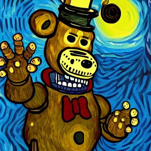 Prompt: five nights at freddy's painting by van gogh