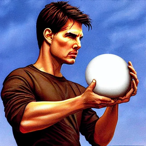 Prompt: Tom Cruise pondering his Orb by Todd Lockwood