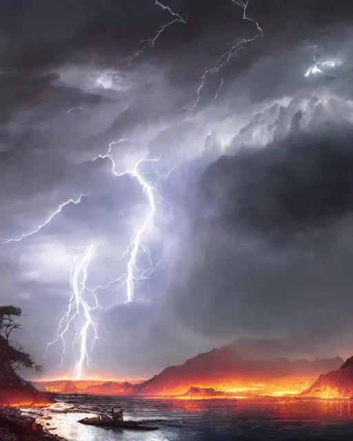 Prompt: lightning strikes godzila, dramatic thunderstorm, scenic landscape, moody, dynamic, intricate, highly detailed, octane render, digital painting by alexandre calame and albrecht anker and asher brown durand