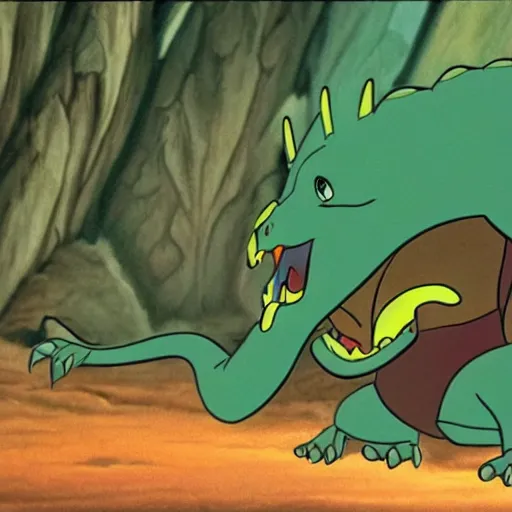 Prompt: cinematic still of a cartoon baby dinosaur by Don Bluth, 90s animation, land before time, hyperdetailed, 8k