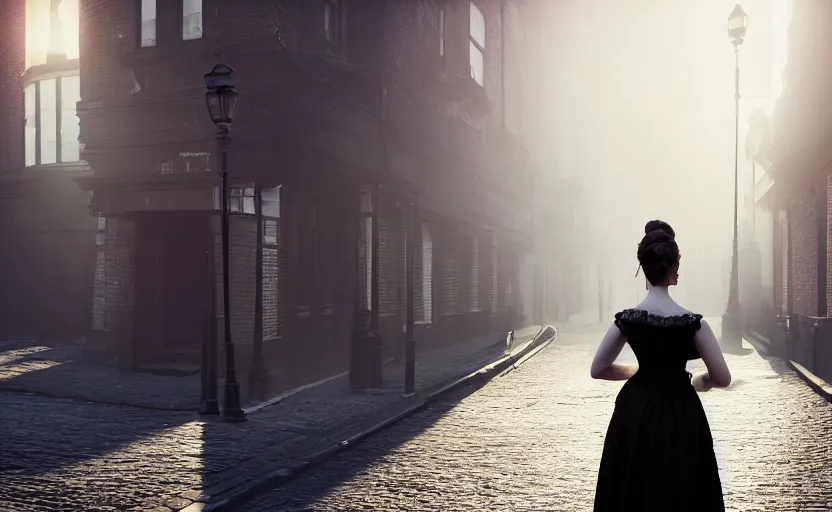 Image similar to A young Victorian woman wearing a black dress and hair in a bun, standing in a busy Victorian London back alley. Evening sunlight. Smog. Atmosphere. Gaslight street lamps. 8K. detailed. photorealism. artstation. 25mm f/1.7 ASPH Lens. ultra realistic