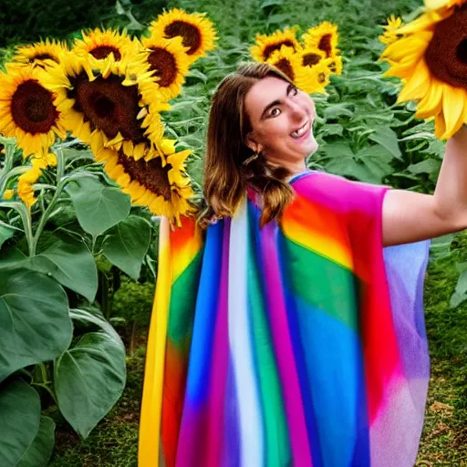 Prompt: photograph of a person in a rainbow cape holding a bouquet of sunflowers