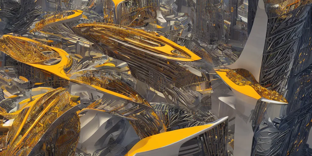 Image similar to a beautiful hyper realistic photograph, octane render, architectural render of utopia megaestrutura of cyberpunk, by norman foster + zaha hadid, extremely detailed, chartpak ad markers, pastel color, yellow and orange color scheme, 8 k,