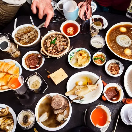 Prompt: photo realistic, a bunch of guys cheering waiting to eat from a steaming hot pot of cholent, surrounded by other delicacies like herring, charcuterie, beer and scotch