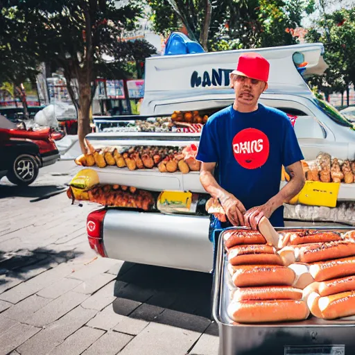 Image similar to portrait of a strange man selling hot dogs, 🌭, eccentric, canon eos r 3, f / 1. 4, iso 2 0 0, 1 / 1 6 0 s, 8 k, raw, unedited, symmetrical balance, wide angle