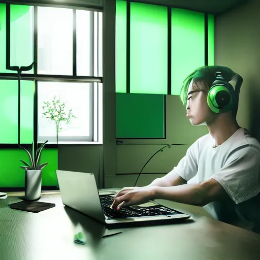 Image similar to small room in tokyo, window open, dawn, young man sitting at computer, green glow on monitor's face, walls covered with anime posters, lots of appliances on shelves, small bed not made, hyper realism, photo realism, hyper details, soft light, soft shadows, blurred photo