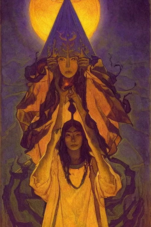 Image similar to child of darkness with their crown and lantern, by Nicholas Roerich and Annie Swynnerton and and jean delville, dramatic cinematic lighting , ornate headdress , flowing robes, sacred artifacts, lost civilizations, smooth, sharp focus, extremely detailed