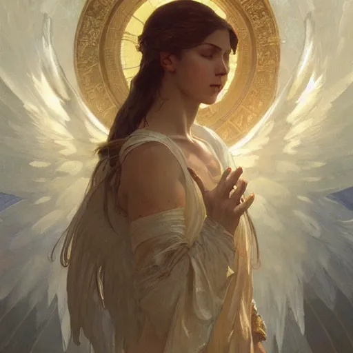 Prompt: a divine angel, highly detailed, digital painting, artstation, concept art, sharp focus, illustration, art by greg rutkowski and alphonse mucha