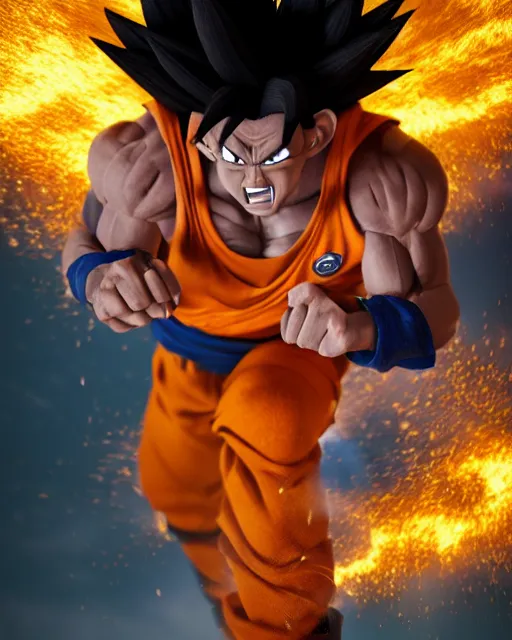 Image similar to 3 d high octane render, 8 k cgi, unreal engine, photorealistic goku, portrait, dynamic lighting, photorealistic, unreal engine, octane, ultra detailed, detailed faces, hd quality