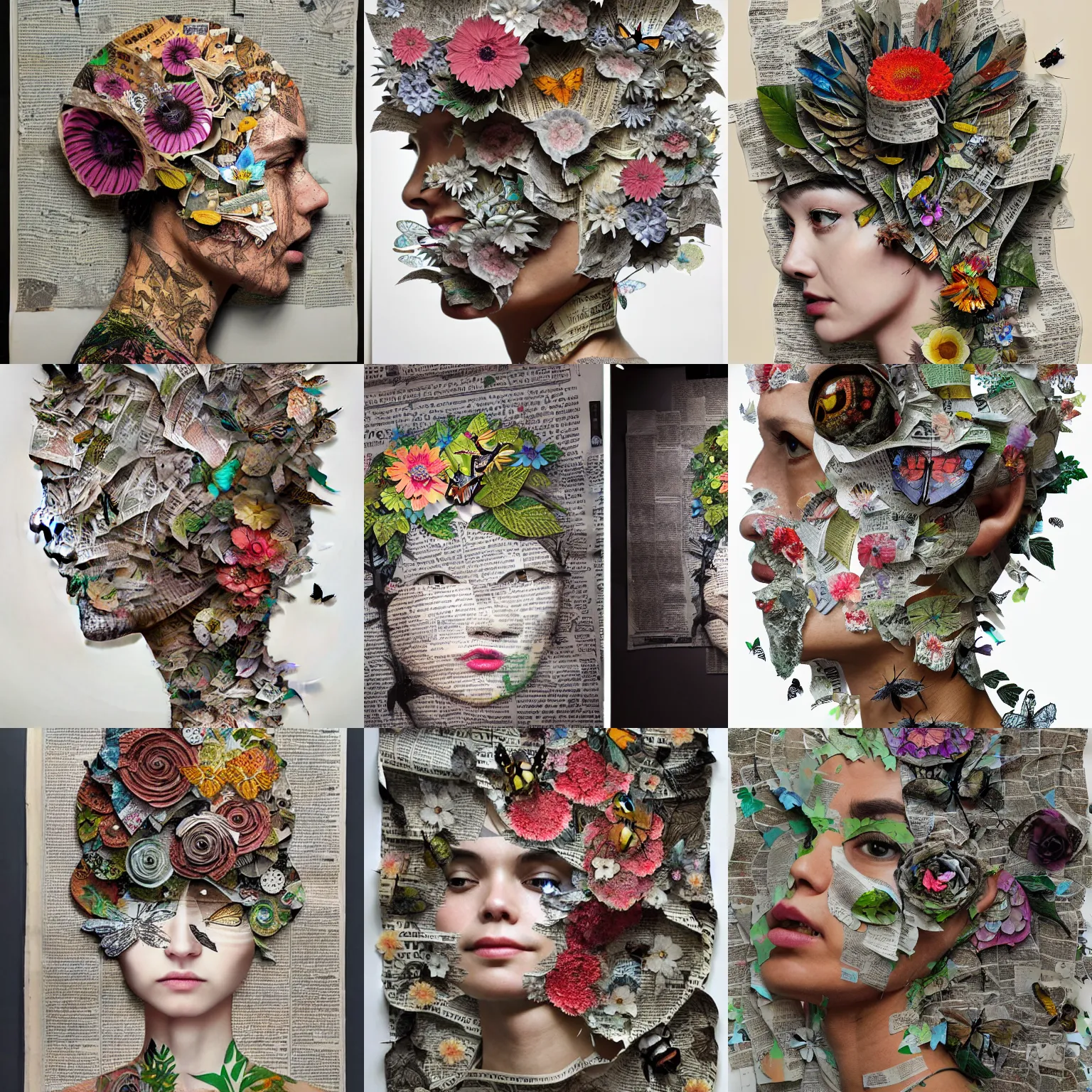 Prompt: blendered cut outs of florals and insects sticking on top of partly hidden alluring grained face, ink en pen intricate foliage filling the page up, ripped newspaper cuts taped on top of each other, used tape, mixed media, hyperrealistic, unreal engine, naoto hattori