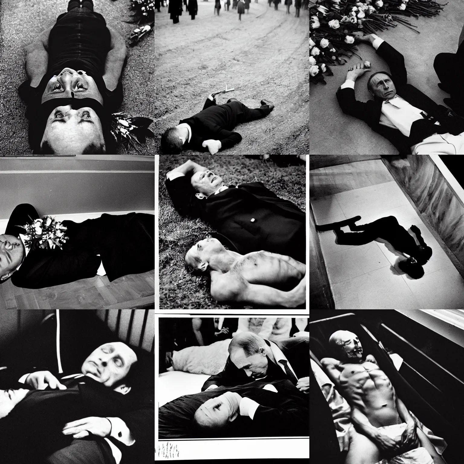 Prompt: vladimir putin laying dead in a black coffin with flowers around him. top down detailed professional 3 5 mm black and white photo by don mccullin and anders petersen world press photo award