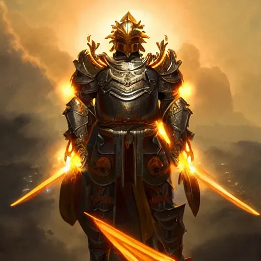 Image similar to A celestial god, wearing the armor of 100 suns standing on a mountain, cinematic, dynic lighting, photorealistic, fantasy concept art, ultra detailed, stunning visuals