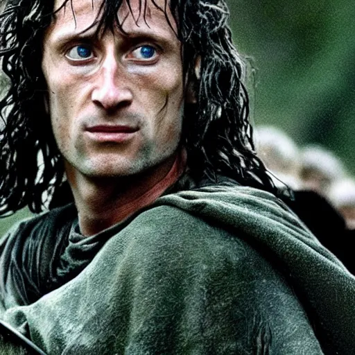 Image similar to a close shot of robert lewandowski as aragorn in the lord of the rings movie,,, fantasy, lord of the rings, movie screen shot