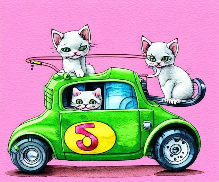 Image similar to cute and funny, kitten wearing a helmet riding in a tiny hot rod with an oversized engine, ratfink style by ed roth, centered award winning watercolor pen illustration, isometric illustration by chihiro iwasaki, edited by range murata, tiny details by artgerm and watercolor girl, symmetrically isometrically centered, sharply focused