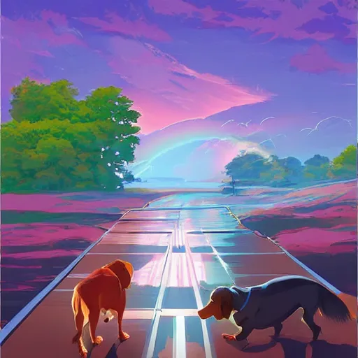 Image similar to painting dog's crossing rainbow bridge smooth median photoshop filter cutout vector, behance hd by jesper ejsing, by rhads, makoto shinkai and lois van baarle, ilya kuvshinov, rossdraws global illumination