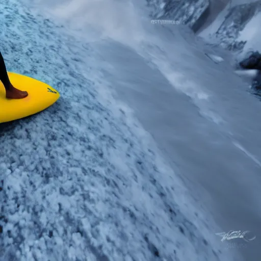 Image similar to man surfing a yellow surfboard down a snowy mountain, high quality digital art, unreal engine, cinematic lighting