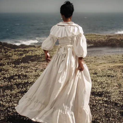 Image similar to a wonderful lady dressed with a large and decorate majestic roses and cream cotton dress that is coming from the ocean, dramatic light, octane--8k