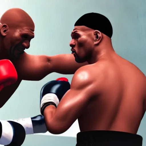 Image similar to Keanu Reaves knocking out Mike Tyson in boxing match, photorealism