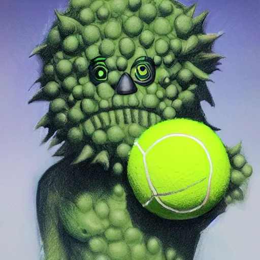 Prompt: a tennis ball monster, tennis ball, dark, chalky, virgin mary, pope, digital art, fantasy, magic, trending on artstation, ultra detailed, professional illustration by Basil Gogos