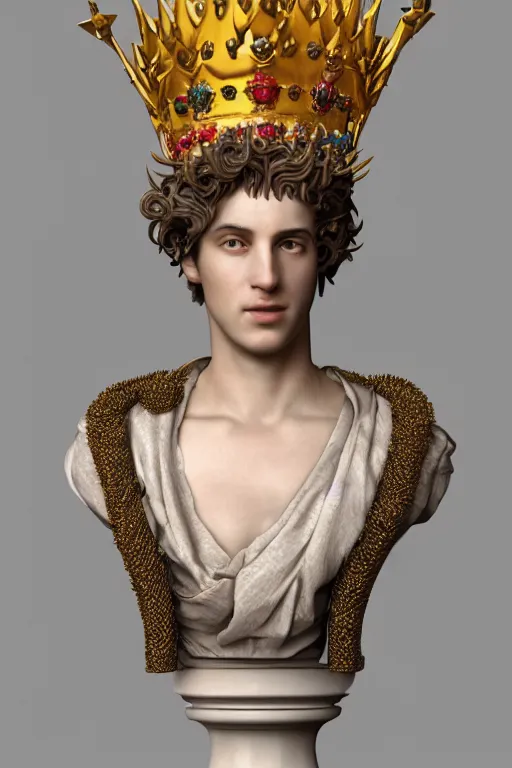 Image similar to a realistic porcelain full-head baroque style bust of handsome young Spanish brunette prince with a spiky hair and a crown made of colored pipecleaners, suspended in outer space, photorealism, octane render, depth of field, 8k, 35mm, artgem, Trending on artstation, padding above head