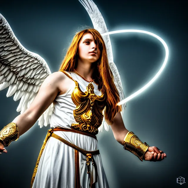 Image similar to photo of a beautiful angelic warrior with light powers, highly detailed, 4 k, hdr, smooth, sharp focus, high resolution, award - winning photo