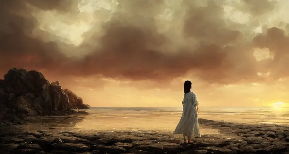 Prompt: beautiful asian female with white dress standing lonely on the beach, stormy landscape by malczewski, landscape by jakub rozalski, cinematic composition, surreal photography, sunset, dramatic light, digital painting, artstation, simon stalenha, greg rutkowski